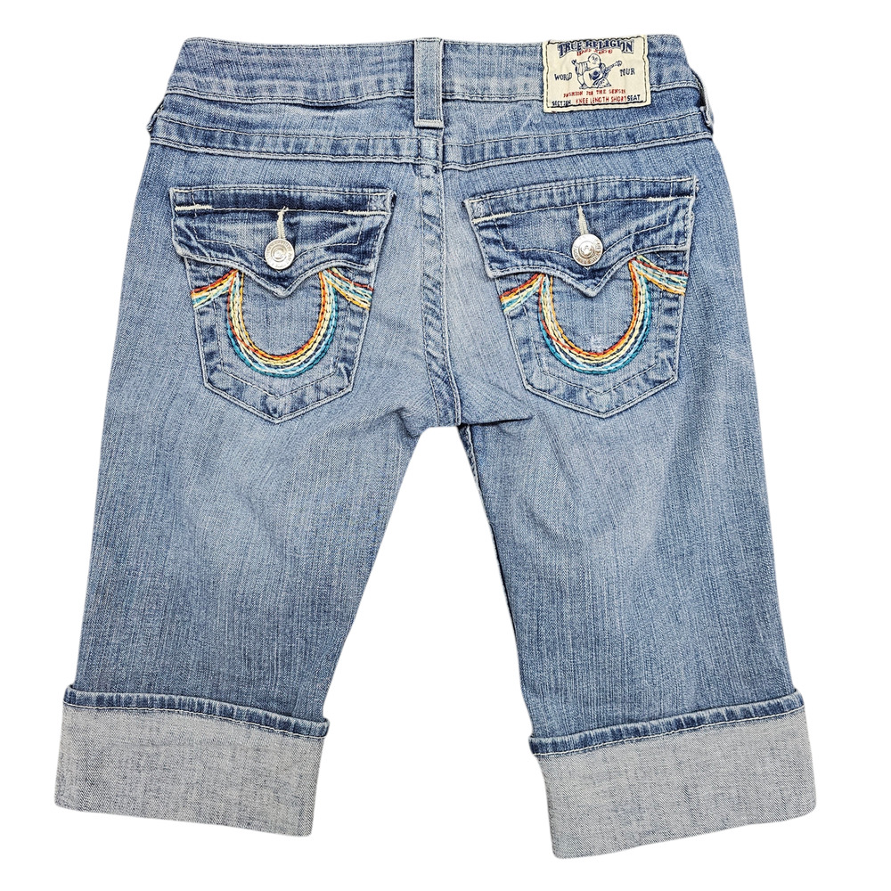 True Religion Shorts Womens 25 Bermuda Denim Knee Length Embroidered - Picture 2 of 12